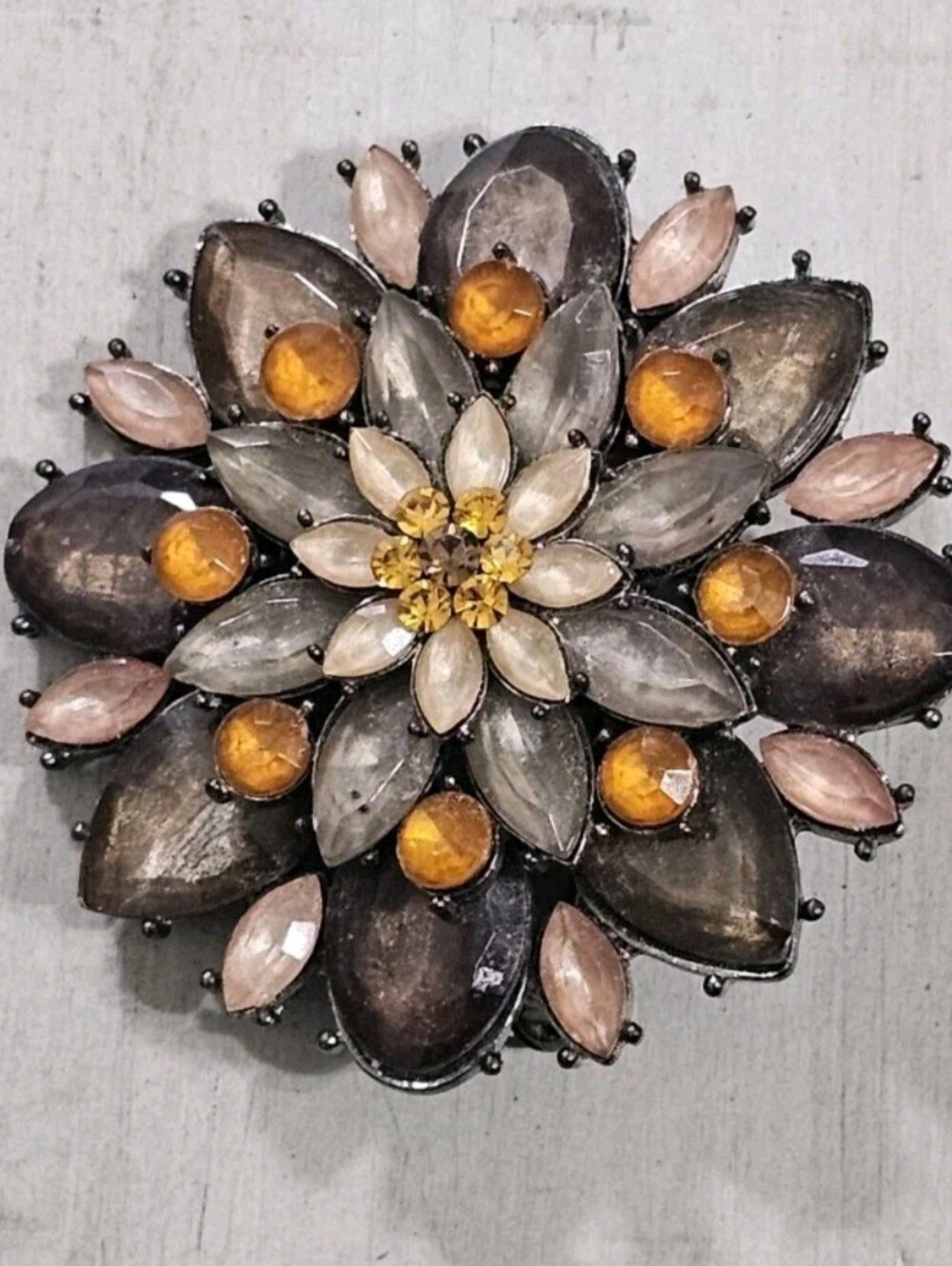 Vintage Style Floral Burst Brooch Pin Smoky Quartz & Amber Tone Crystal Sunburst